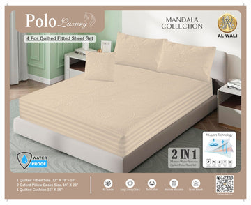 Premium Waterproof Quilted Fitted Bedsheet Set – 4 Pcs with Pillow & Cushion Covers (Cream) HZ BEDDING