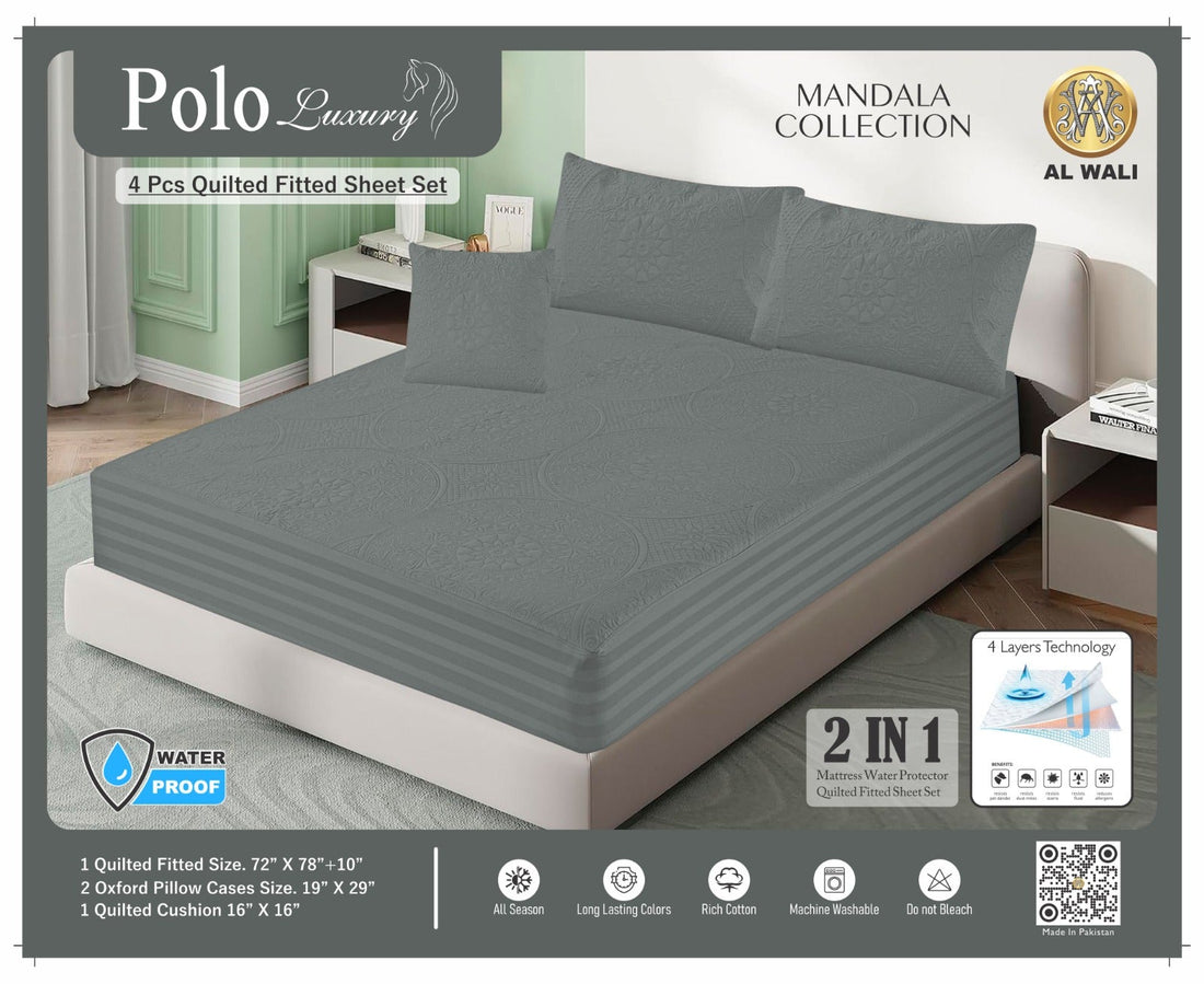 Premium Waterproof Quilted Fitted Bedsheet Set – 4 Pcs with Pillow & Cushion Covers (Grey) HZ BEDDING