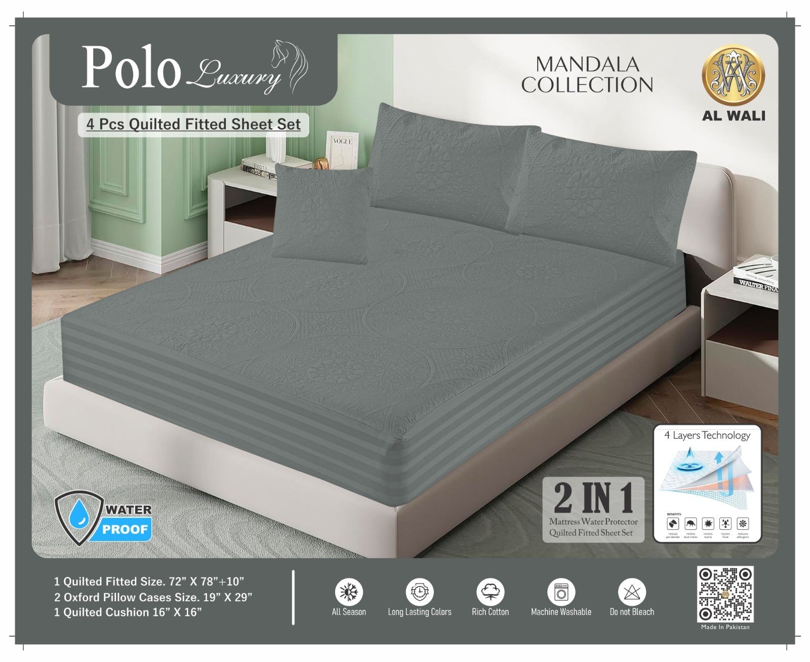 Premium Waterproof Quilted Fitted Bedsheet Set – 4 Pcs with Pillow & Cushion Covers (Grey) HZ BEDDING