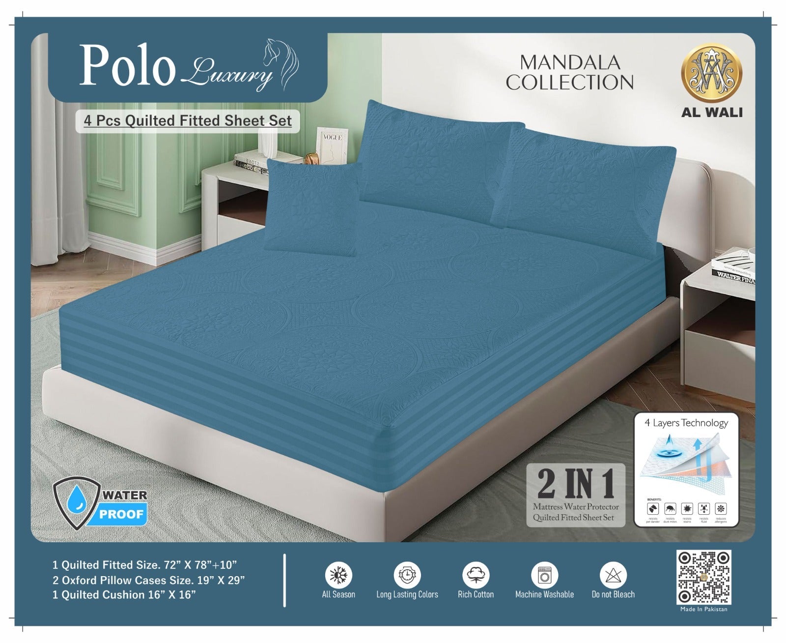 Premium Waterproof Quilted Fitted Bedsheet Set – 4 Pcs with Pillow & Cushion Covers (Light blue) HZ BEDDING