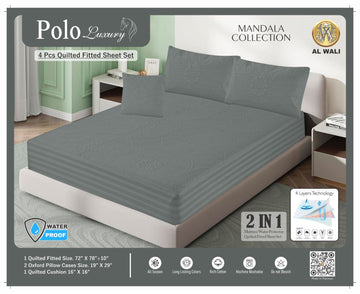 Premium Waterproof Quilted Fitted Bedsheet Set – 4 Pcs with Pillow & Cushion Covers (Light Grey) HZ BEDDING