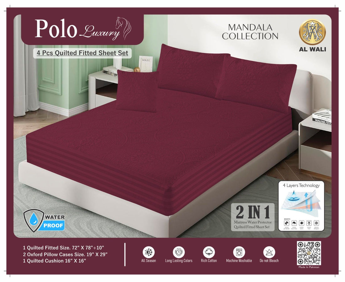 Premium Waterproof Quilted Fitted Bedsheet Set – 4 Pcs with Pillow & Cushion Covers (Marron) HZ BEDDING