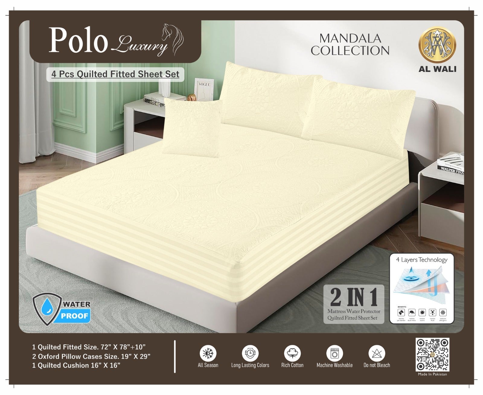 Premium Waterproof Quilted Fitted Bedsheet Set – 4 Pcs with Pillow & Cushion Covers (Off White) HZ BEDDING