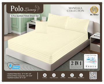 Premium Waterproof Quilted Fitted Bedsheet Set – 4 Pcs with Pillow & Cushion Covers (Off White) HZ BEDDING