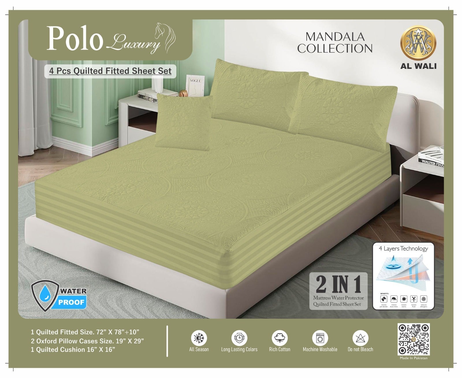 Premium Waterproof Quilted Fitted Bedsheet Set – 4 Pcs with Pillow & Cushion Covers (Pista Green) HZ BEDDING