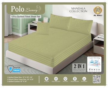 Premium Waterproof Quilted Fitted Bedsheet Set – 4 Pcs with Pillow & Cushion Covers (Pista Green) HZ BEDDING
