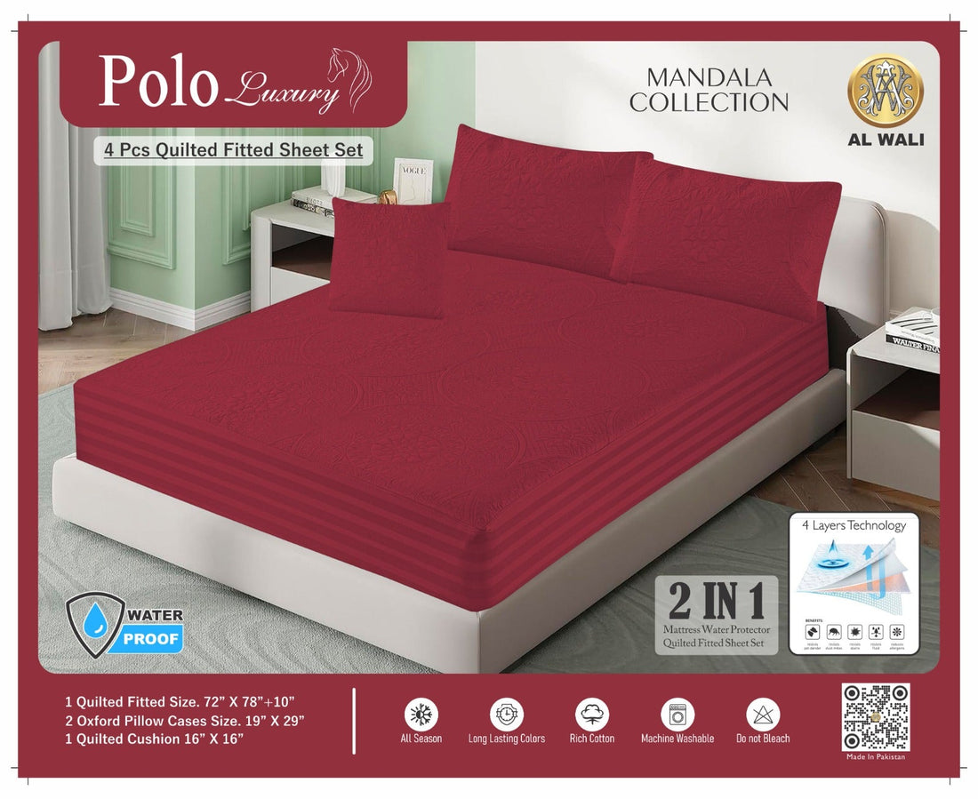 Premium Waterproof Quilted Fitted Bedsheet Set – 4 Pcs with Pillow & Cushion Covers (Red) HZ BEDDING