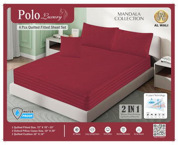 Premium Waterproof Quilted Fitted Bedsheet Set – 4 Pcs with Pillow & Cushion Covers (Red) HZ BEDDING