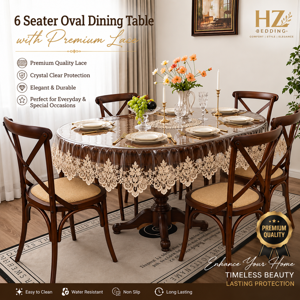 6 Seater Transparent PVC Embroidered Tablecloth with Lace Trim – Waterproof Table Cover for Dining, Parties & Home Decor HZ BEDDING