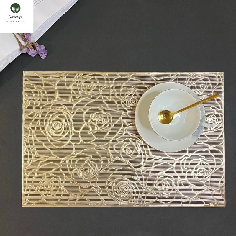 2/4/6/8 Modern Flower  PVC Golden Foil Placemats – Heat Resistant Non-Slip Dining Table Mats HZ BEDDING