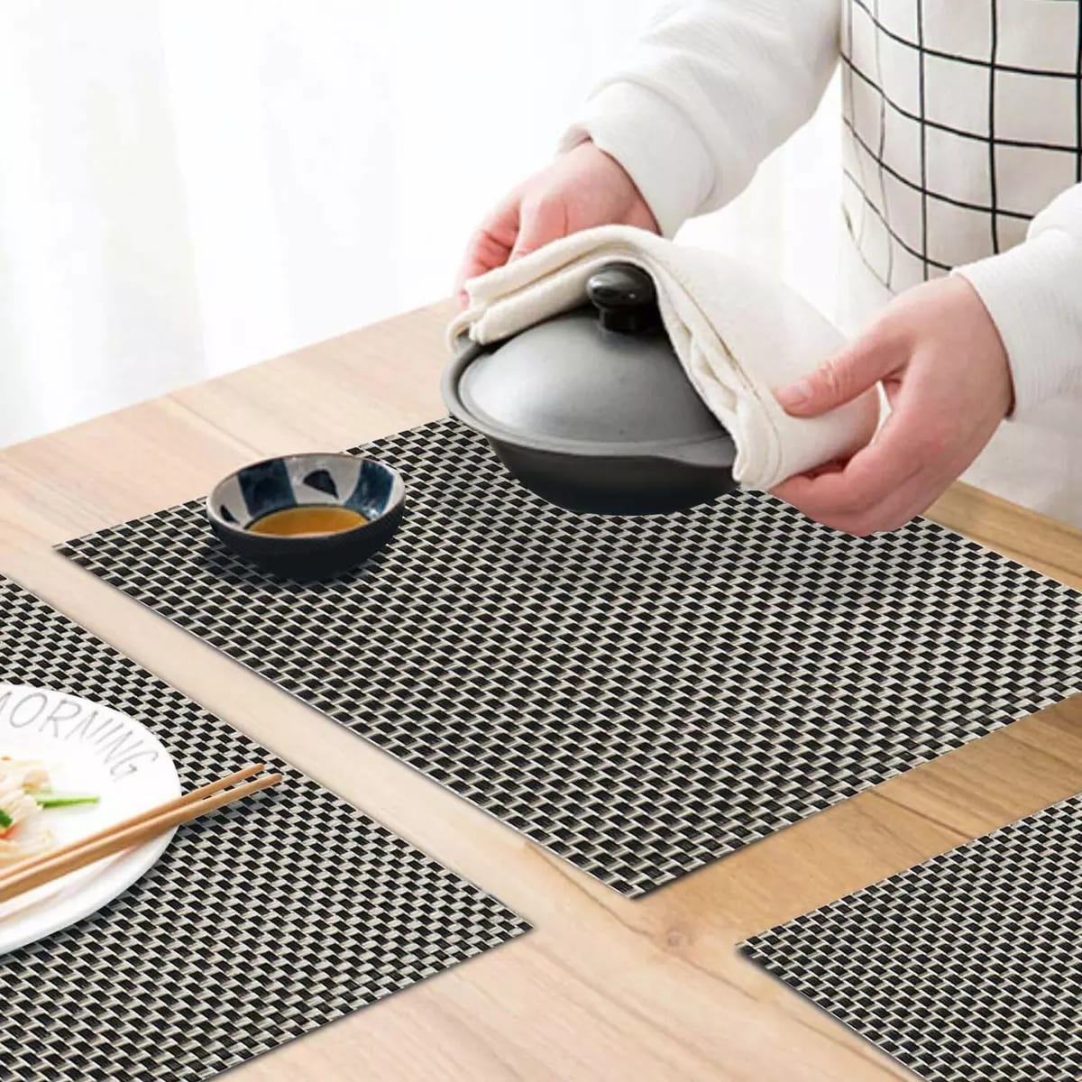 Set of 2/4/6/8pcs Black Check Pvc Placemats, HZ BEDDING