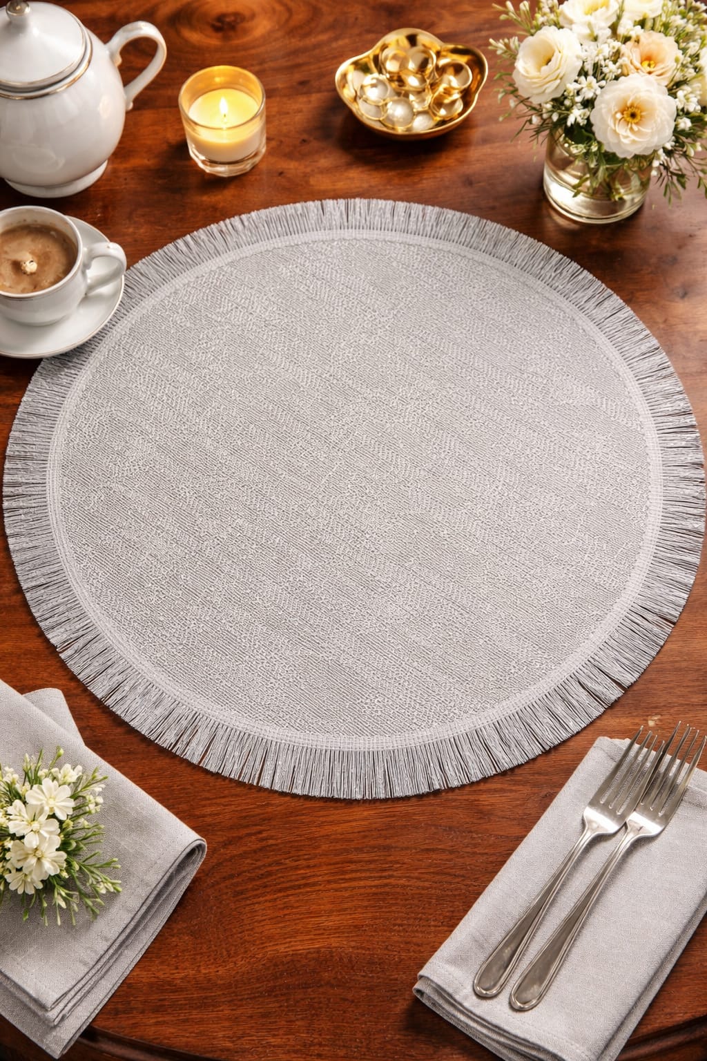 Silver Textured Jute Round Table Mat with Fringe Border HZ BEDDING