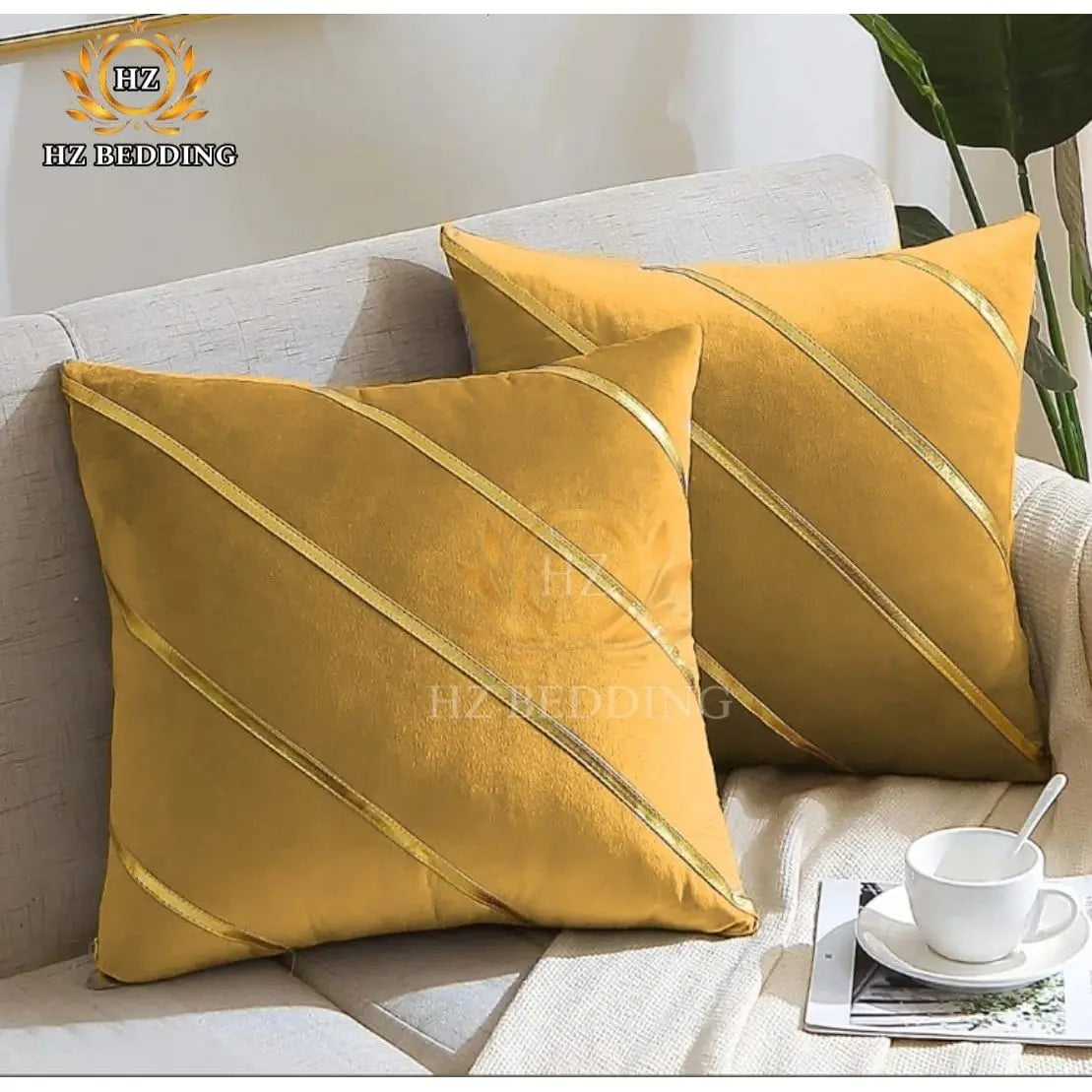 Soft Valvet Golden Strip Cushion Cover 16 x 16 HZ BEDDING